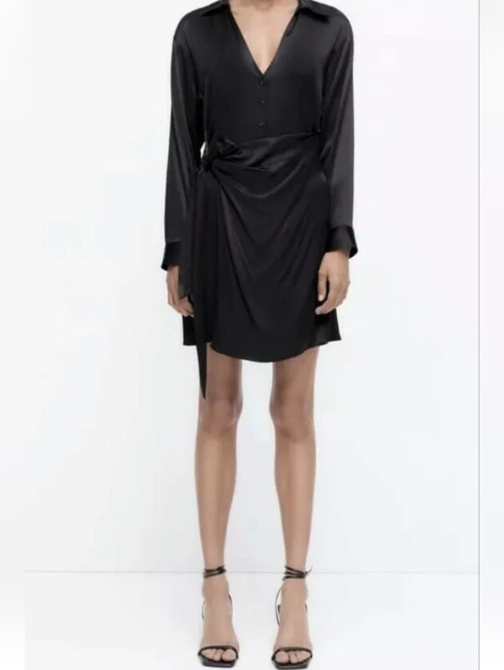 Zara Black Satin Wrap Dress Long Sleeve Size Medium